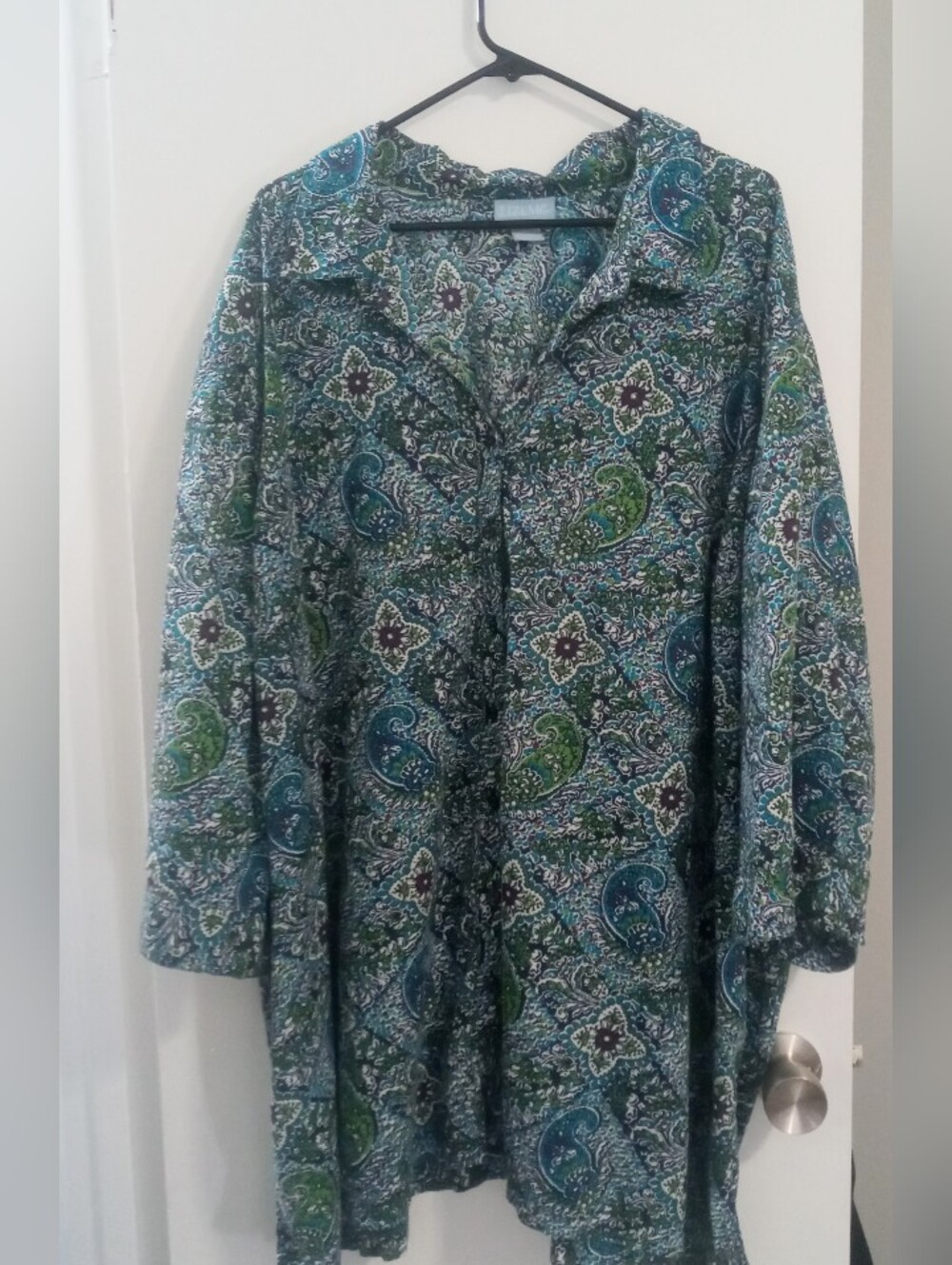 Liz & Me Paisley Print Button-Up Blouse in Teal, Green & Navy 4x